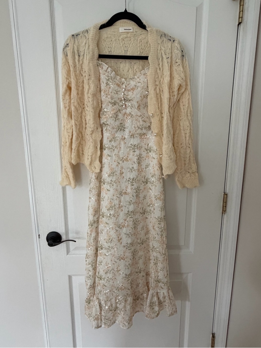 Floral Lace Slip Dress in Cream with Beaded Detail - Brand Unknown